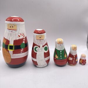 Santa Wooden Nesting Dolls (5) 6.5” Tall. Matryoshka?